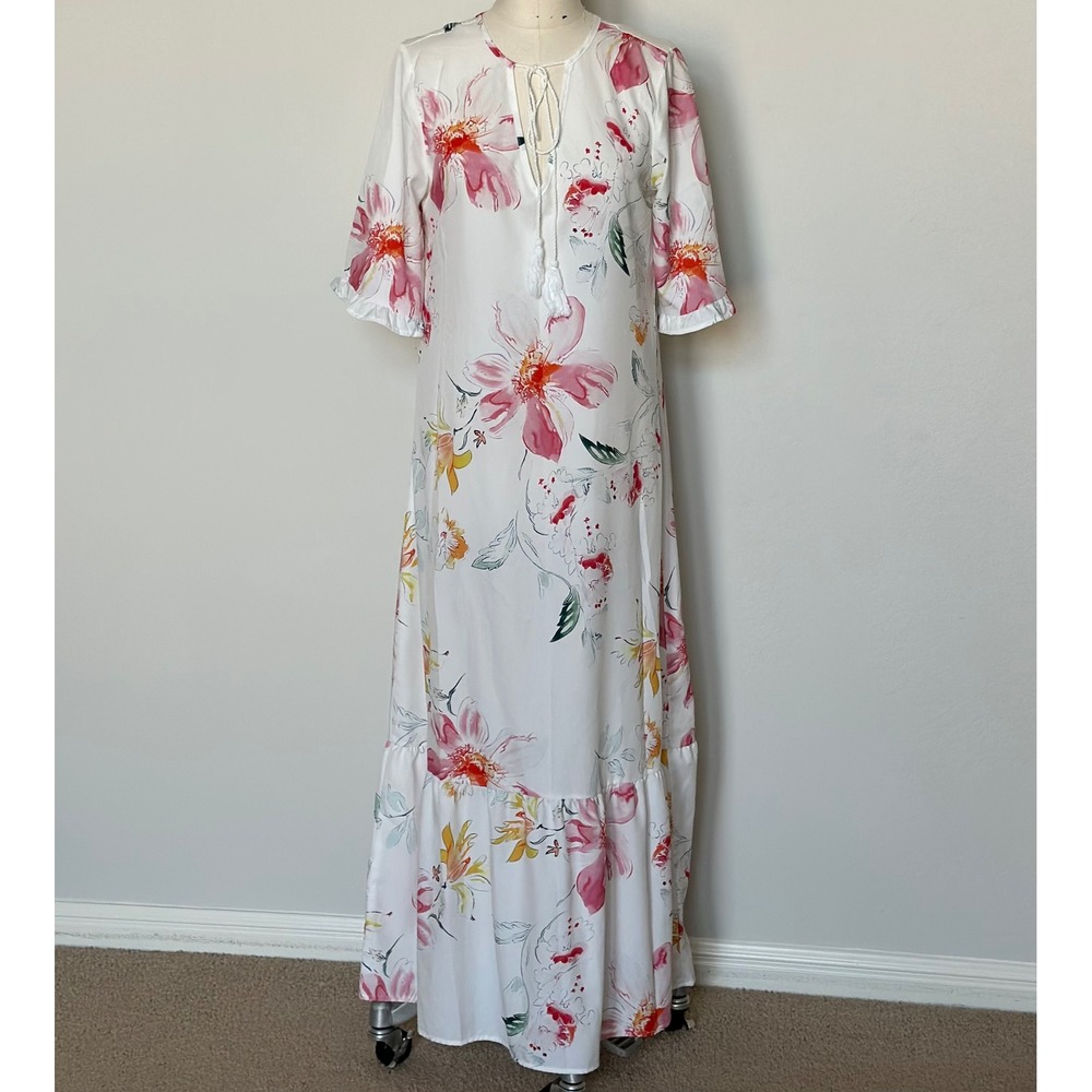 NORACORA Floral Maxi Dress‎ White Pink Yellow Tassel Tie Neck Ruffle Sleeve S